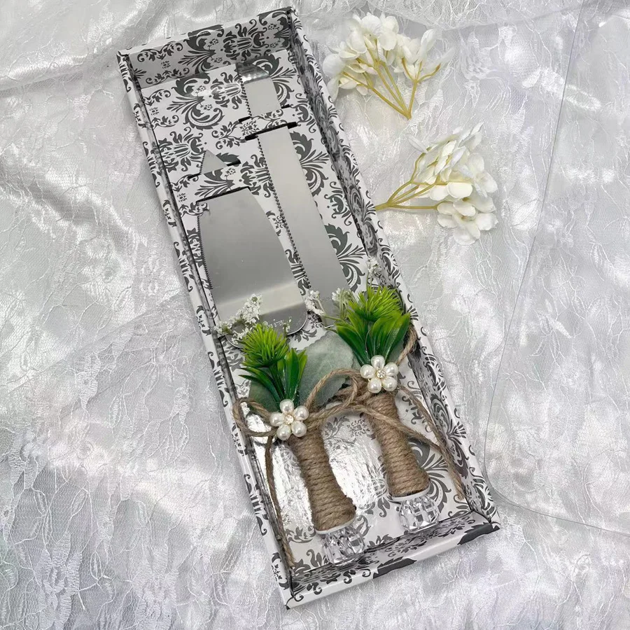 A box of wedding cutlery, green decoration, fresh style wedding gift, suitable for cake cutting, wedding season and engagement