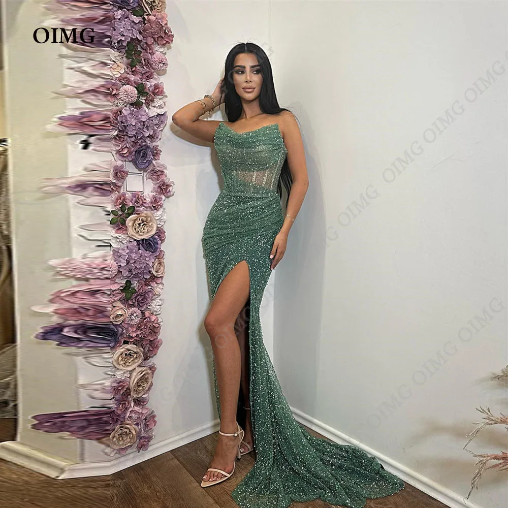 OIMG Elegant Side Slit Evening Dresses 2024 Strapless Glitter Sequin Formal Party Dress Sexy Shiny Prom Gowns For Women