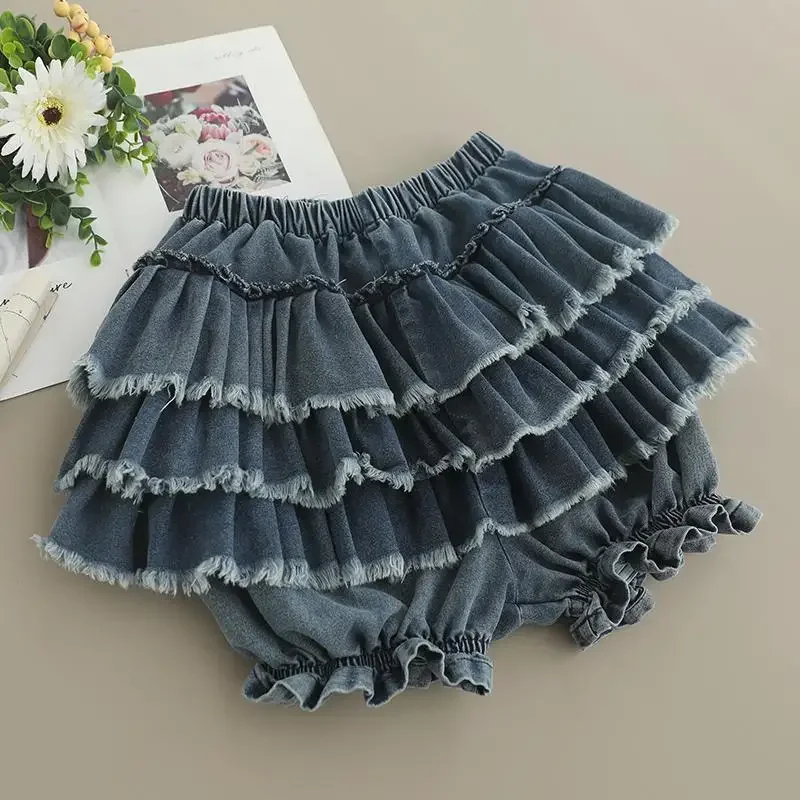 Women Japanese Kawaii Denim Panties Victorian Bloomers Skirt Shorts A-line Cute Vintage Summer Lolita Mini Jeans Ruffle Skirts