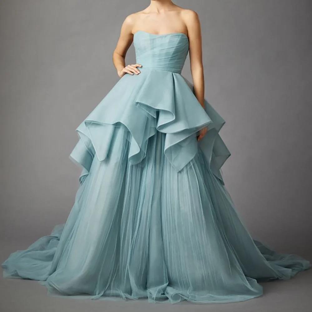 

Elegant Haze Blue Strapless Sleeveless A-Line Evening Dress New Fashion Female Floor Length Party Prom Gowns