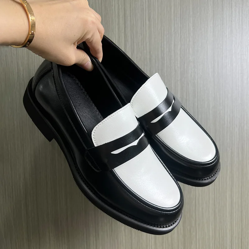 Spring Patchwork Loafers Solid Round Head Men Shoes Outdoor Slip on Flats Fashion Thick Heels Office Male Shoes