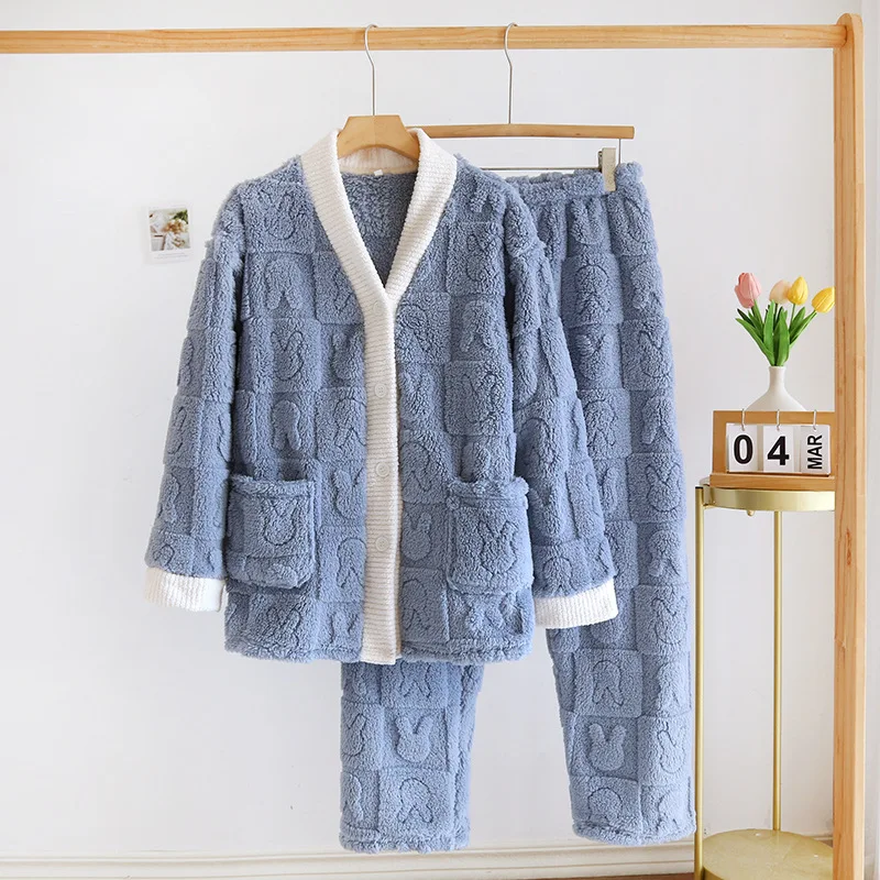 Thickened Coral Fleece Pajama Set for Women Home Clothes Warm Autumn Winter Long Sleeve V-Neck Open Cardigan Style Polyester ...
