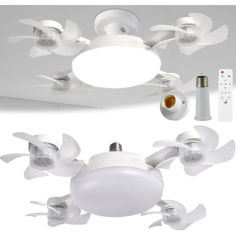 E27 Dimmable LED Bulb Ceiling Fans 2 in 1 Socket Fan Light Drone Fan 3-Speeds with Remote Control for Bedroom Kitchen Garage