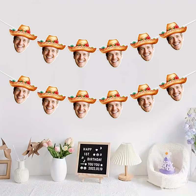 6/12Pcs Personalized Custom Photo Sombrero Hat Bunting Garland, DIY Custom Face Portrait Pendant Banner for Birthday Party Decor