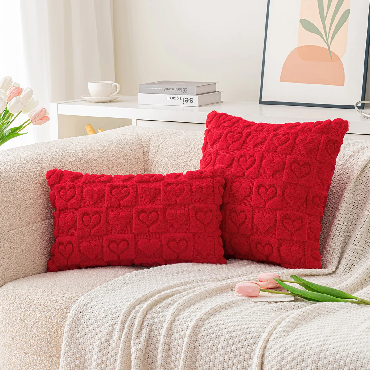 Red Valentines Day Decorative Throw Pillow Covers Cute Love Heart Cushion Cover 18x18Inch Faux Fur Pillowcase for Sofa Couch