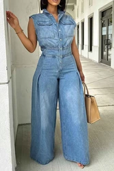 Plus Size Daily Blue Shirt Collar Button Pleated Wide Leg Denim Jumpsuits