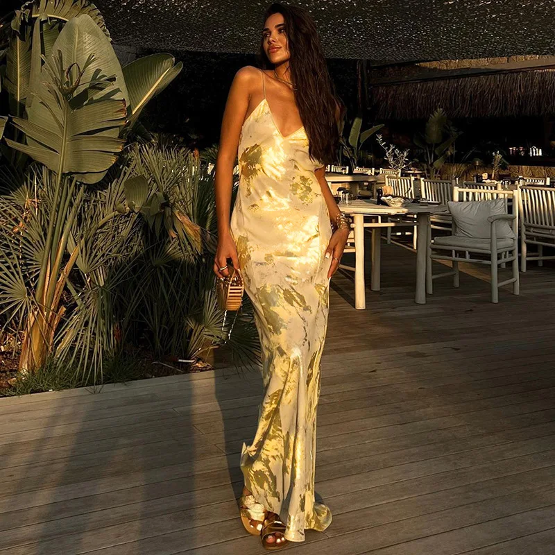 Gold Elegant Bodycon Dress Foil Fragmented Women Backless Maxi Evening Gown Club Sexy Stamped Luxury Long Dresses 2024