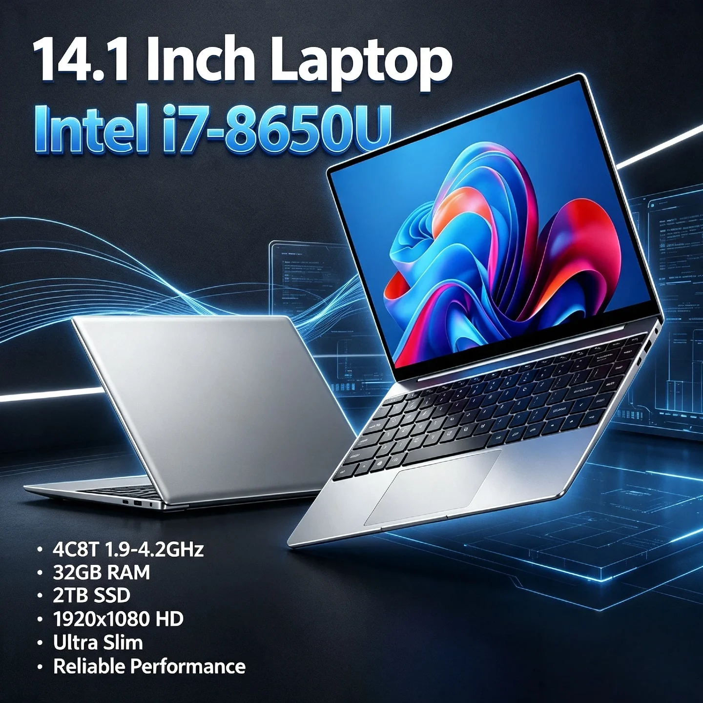 Intel Core i7 8650U 14.1 Inch Ultra Slim Laptop 4C8T 1.9 4.2GHz 2TB SSD 32GB RAM Gaming PC Gamer Office 1920x1080 HD Ultra