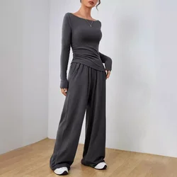 Women's Suit Solid Color Long-sleeved Casual Wide-leg Trousers Fashion Two-piece Sets Women
