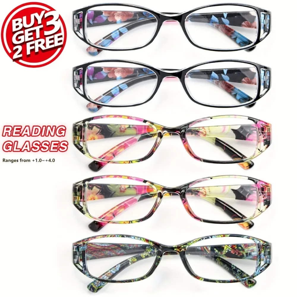 5Pcs Women's Retro-style Square Reading Glasses - Lightweight and Comfortable Sunglasses, Floral and Geometric Patterns, + 1.00 To + 4.00 Strength, Polycarbonate Lenses and Plastic Frames for Everyday Fashion in Random Colors