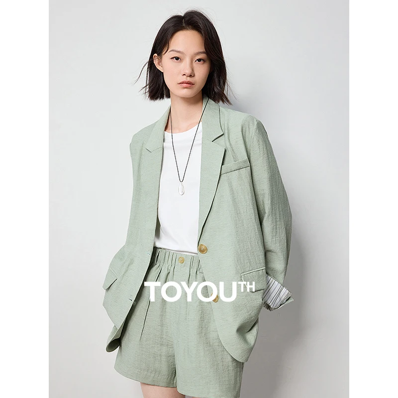 TOYOUTH Women Blazer 2024 Summer New Linen Office Lady Turn Down Collar Working Wear Jacket Coat