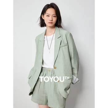 TOYOUTH-Blazer feminino de gola virada para baixo, casaco de linho feminino, jaqueta de trabalho, escritório, verão, novo, 2022