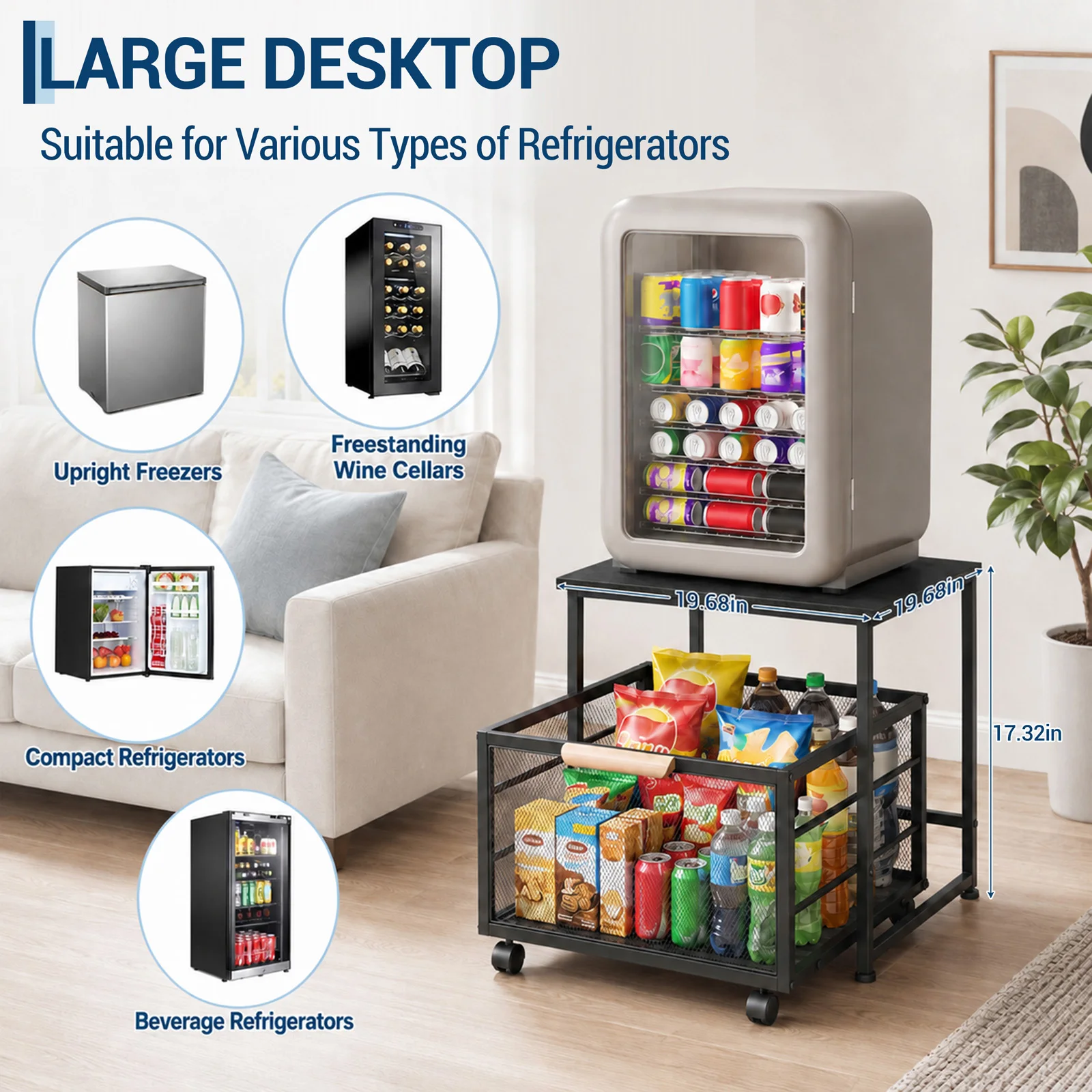 Mini Fridge Stand With 1 Pull Out Storage Baskets, 4 Wheels, Heavy-Duty Kitchen Organizer Rack for Bedroom Living Room Office