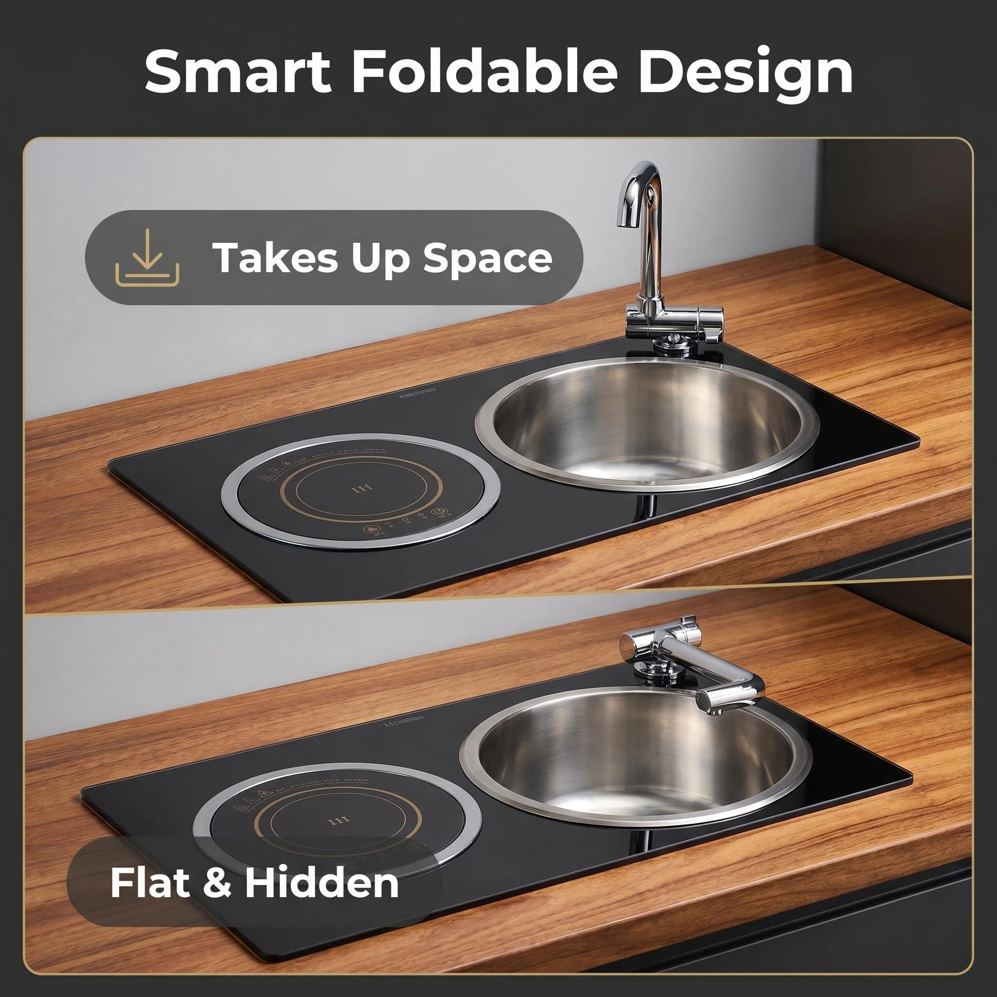 GuangRun SS304 Modern RV Sink/Induction Cooker Combo with Tempered Glass Lid for RV Car Caravan Boat Marine/Vehicle Use