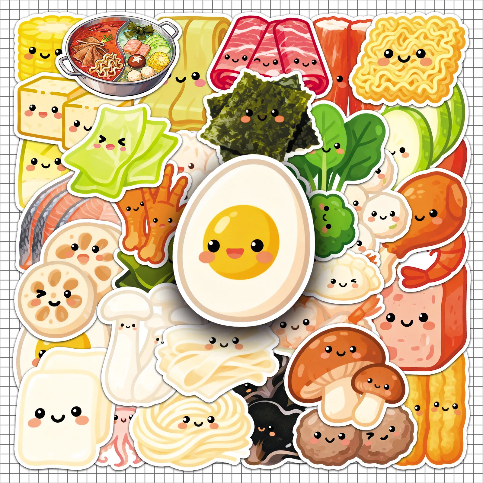 50 Pcs Cute Cartoon Hot‑pot Ingredients Aesthetic Stickers, Decorative for Water Bottles, Notebooks & Backpacks