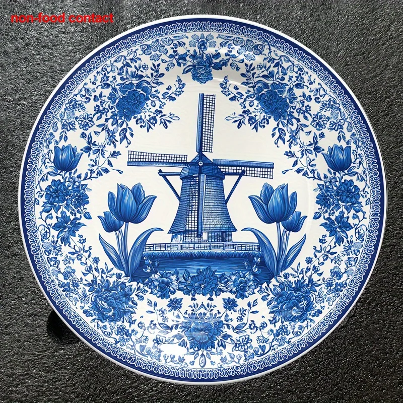 1pc Vintage Dutch Windmill & Floral Ceramic Wall Plate - 8-Inch Round Decorative Plate with Blue & White Porcelain Design,