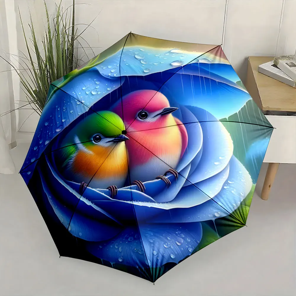 1PC Colorful Birds on a Blue Rose Umbrella Print 8 Iron Ribs Folding Umbrella Auto-Open Fashion Sunshade