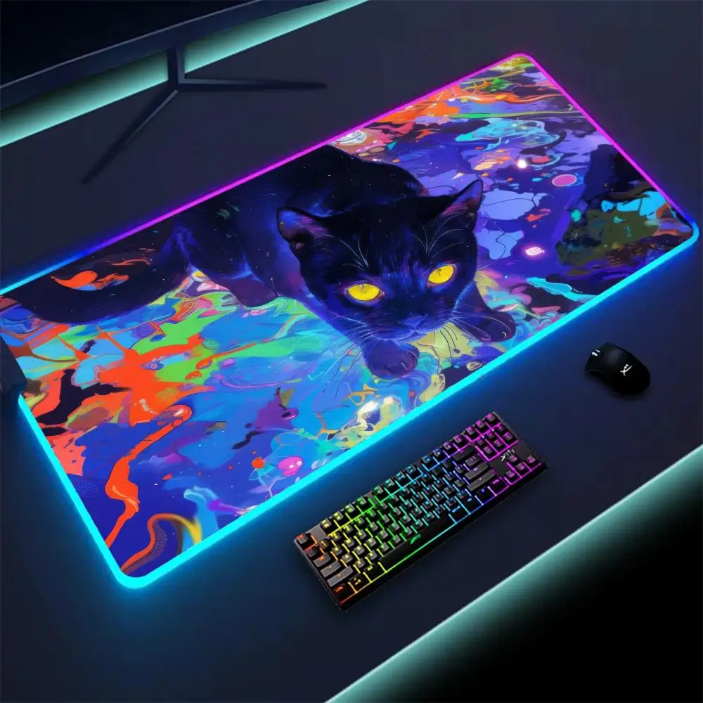 

Watercolor Black Cat RGB Mouse Pad Cute Keyboard Colorful MousePad LED Light E-sports Mousepad Computer Gamer Glow Long Desk Mat