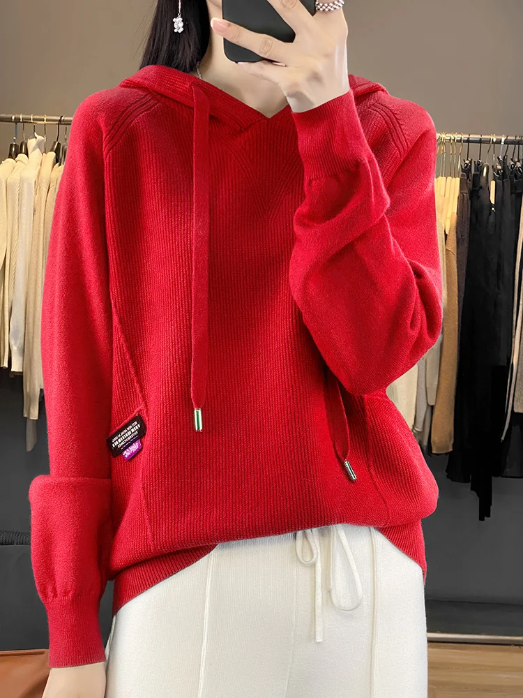 2024 Spring and Autumn Simple Fashion Knitted Hoodie Loose Casual Solid Color Versatile Knitted Women\'s Knitted Hoodie