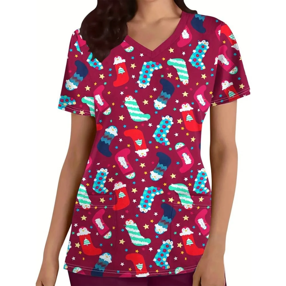 Uniforme de gommage de noël pour femme, motif de bonhomme de neige de dessin animé, haut d'infirmière de dentiste, confortable à manches courtes avec poche, uniforme d'infirmière pour femme