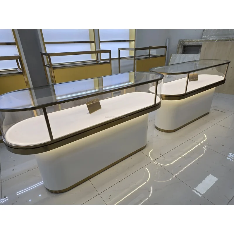custom.Waterproof LED Glass Jewelry Showcase Rectangular Retail Display Cabinet Polished Painted Mall Exhibit