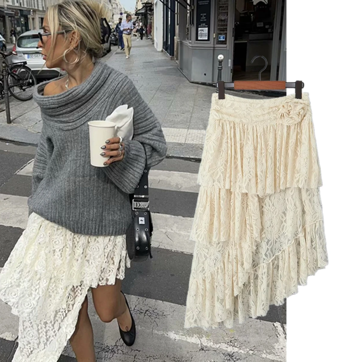 Jenny&Dave Cascading Sexy Skirts Womens Fashion Blogger Lace Skirt Asymmetric  Skirt Women