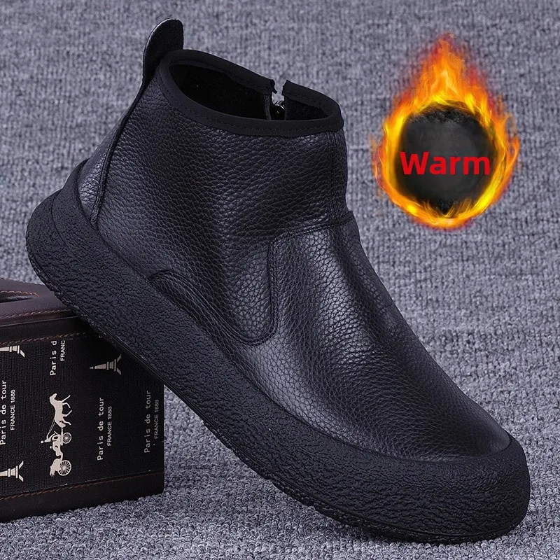 

Теплые повседневные высокие кожаные ботинки на подкладке, мужские зимние ботинки на боковой молнии, удобная дышащая резиновая подошва