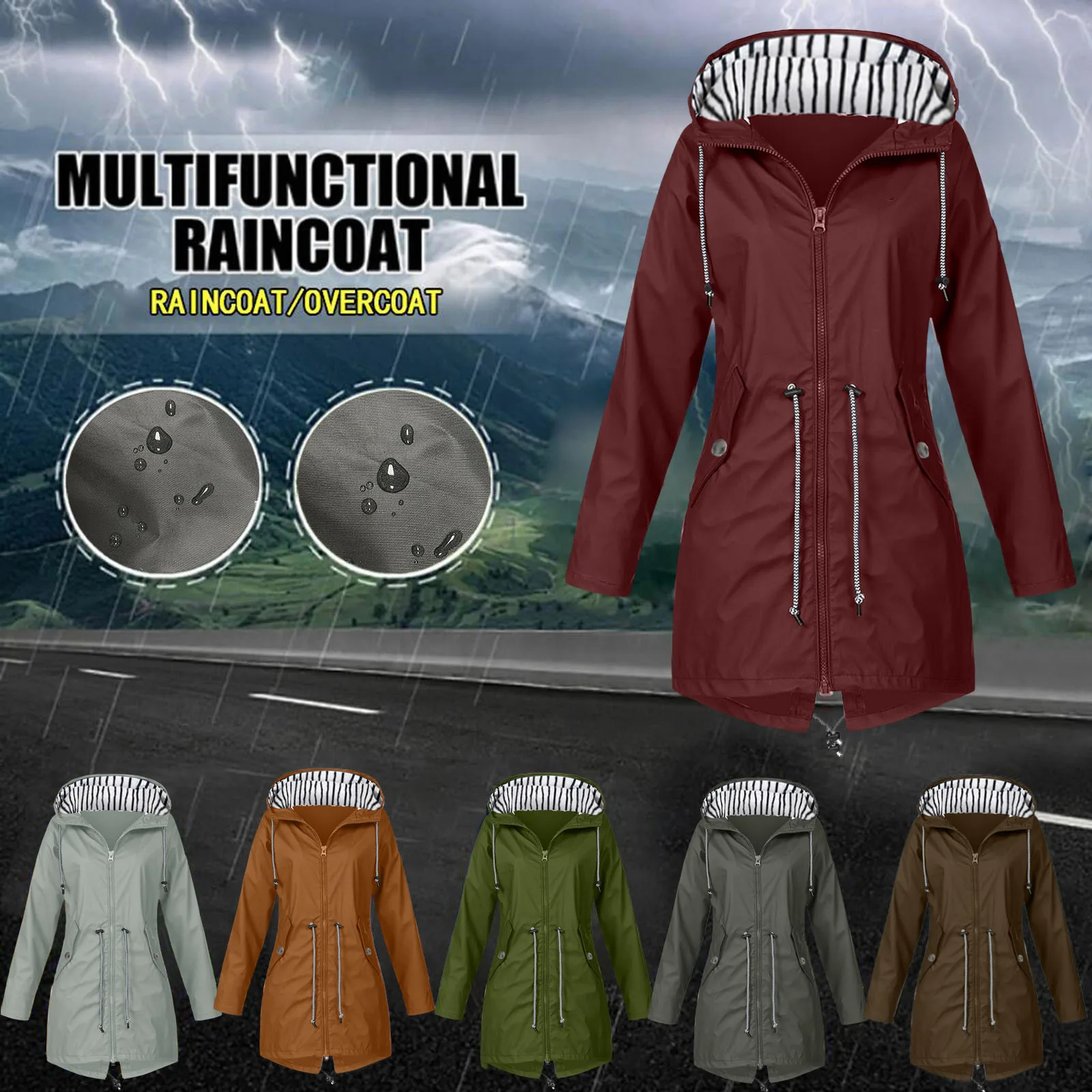 

Solid Colors Women Outdoor Waterproof Rain Jacket Casual Loose Hooded Windproof Windbreaker Climbing Jackets Coat For All Season