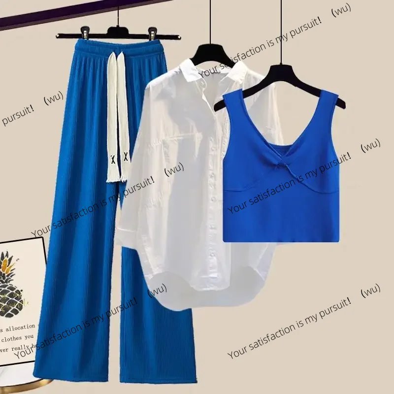 

Женский комплект из 3 предметов, летняя рубашка, жилет Klein синий, широкие брюки, летний костюм 2025,