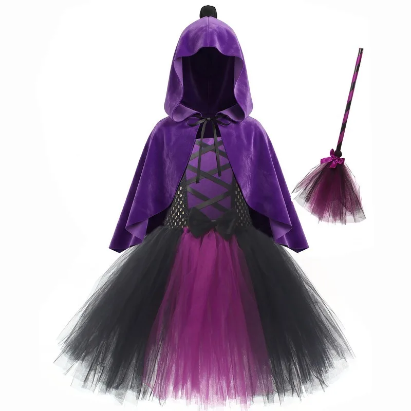 Girls' Long Cloak Cape Dress, Pumpkin Witch Party Gown Set, Exquisite Kids' Outfit for Halloween Stage Performances & Shoots