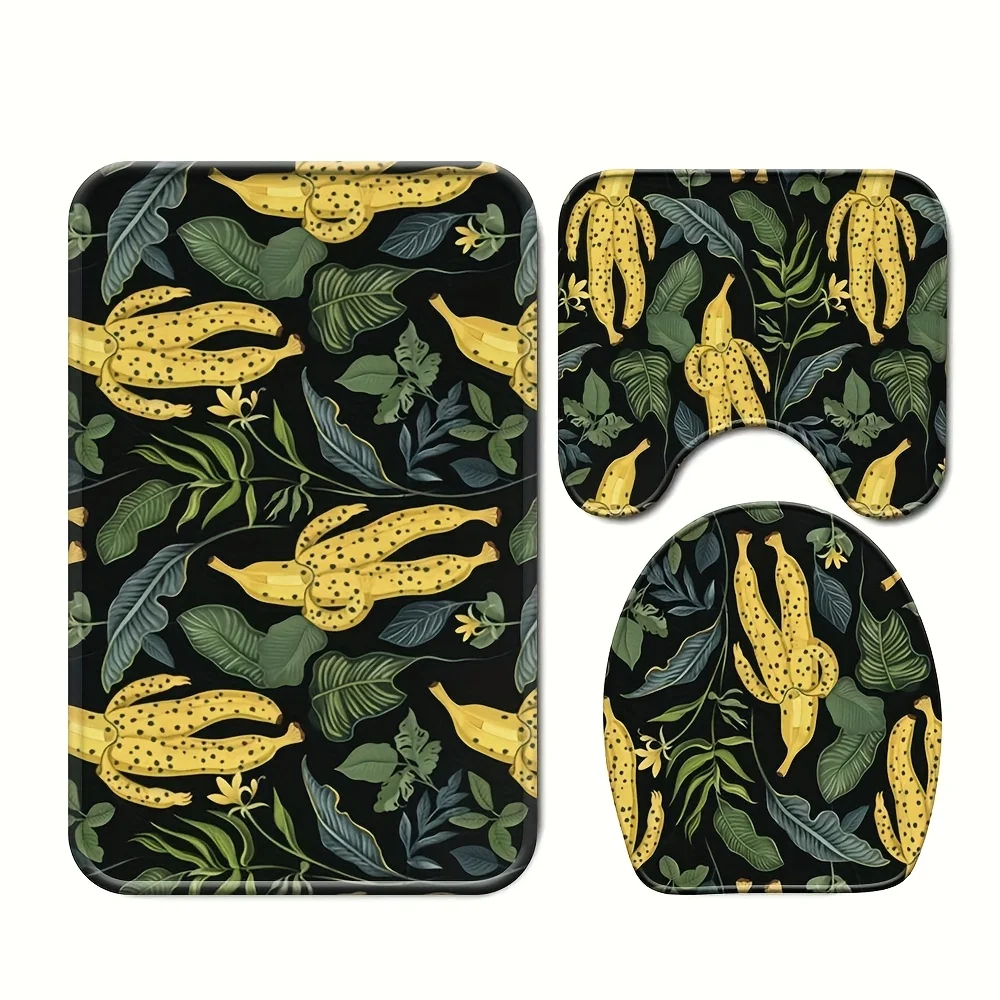 Tropical Banana Print Bath Mat Set | Jungle Leaf Bathroom Rug Decor Accessories | Waterproof Home Bath Mat