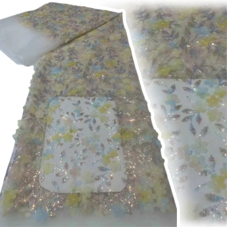 

Роскошная африканская аппликация, 3D цветочная кружевная ткань, высокое качество, французская сетка, вышивка, тюль, кружевная ткань для шитья платьев TP1756