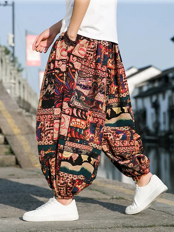 Summer Men's Wide Leg Harlan Pants Nine Points Beach Trousers plus Size Casual Cotton Linen Blend Youthful Style Folded Waist