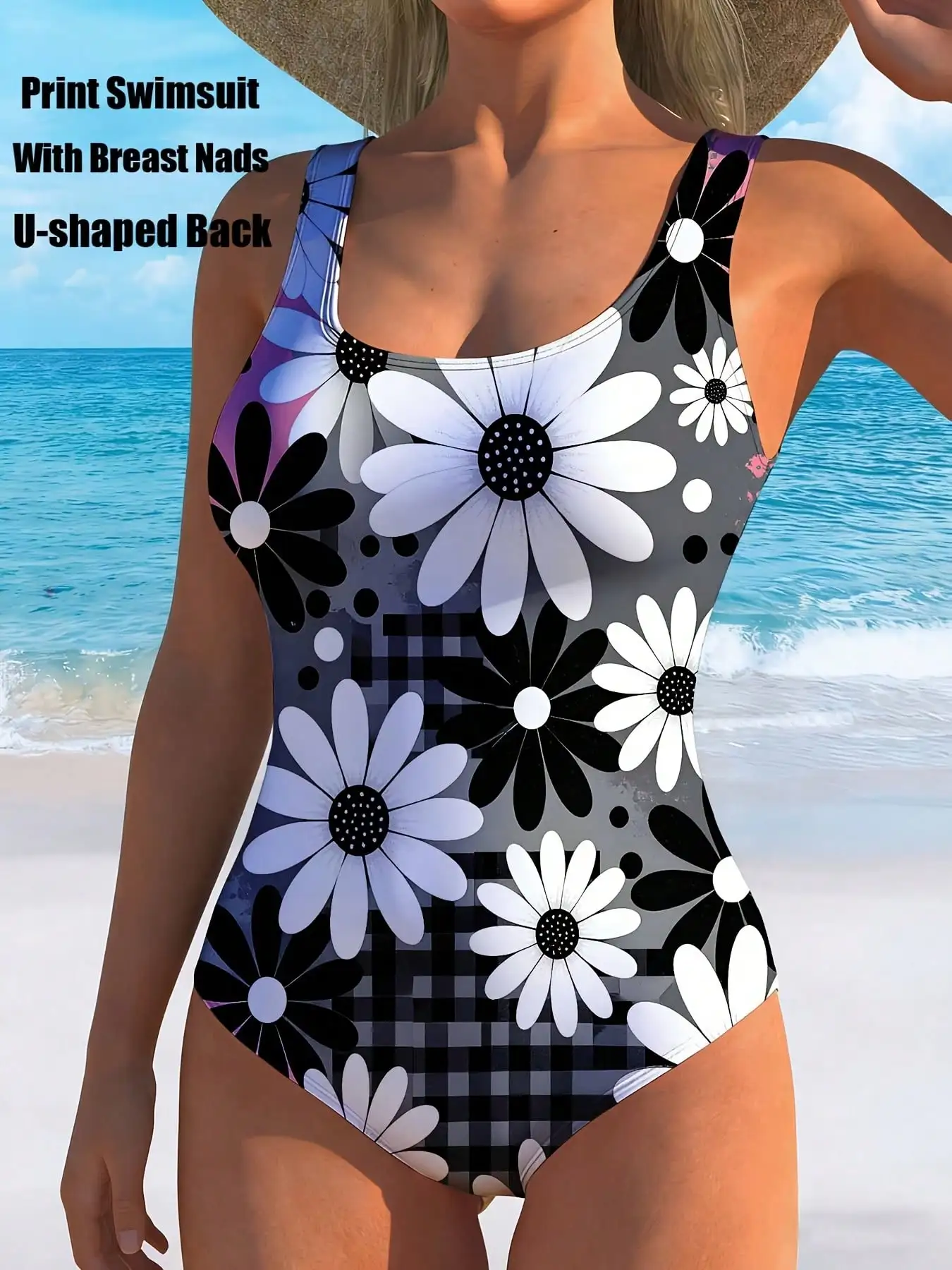 

Купальник с принтом, с подкладками для груди, U-образная спинка, цельный, с цветочным узором, с высокой талией