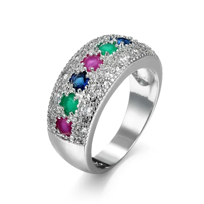 Fashion Bohemia Colorful Rings Dazzling Multi-color Crystal Cubic Zircon Inlay Ring Band Engagement Wedding Ring Gifts For Women