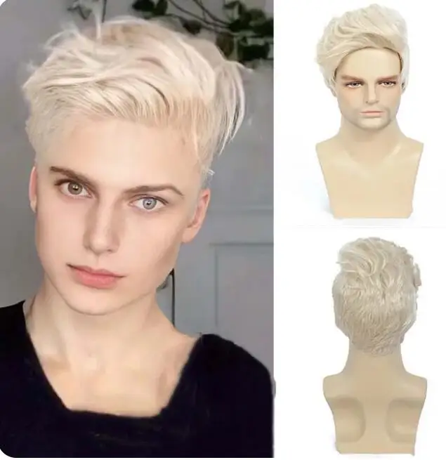 Wig sintetik pria Wig pirang pendek Pixie potongan berlapis alam rambut palsu sejuk untuk pria pesta Cosplay harian tahan panas