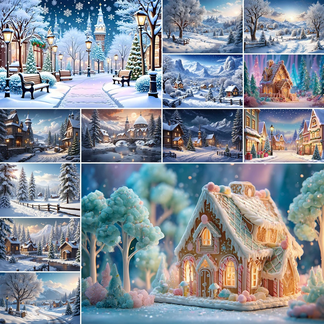 

MOON.QG Christmas Trees Photographic Studio Background Mountains Snow Lights Custom Backdrop Portrait Birthday Decoration Poster