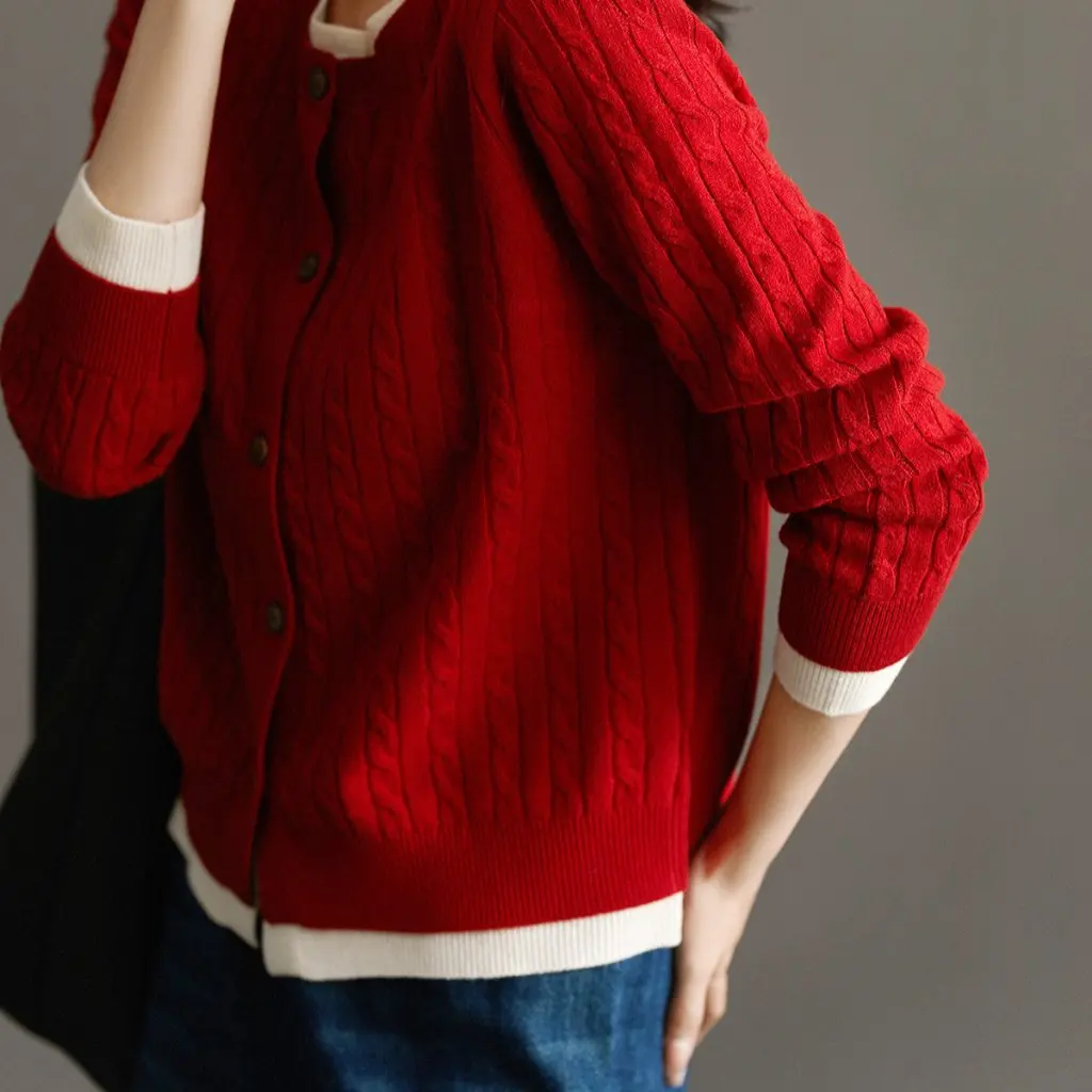 

Women's Luxury Soft Wool Crewneck Cardigan Contrast Color Fake Two-Piece Stacked Art Knitted Sweater for Autumn Winter F092612