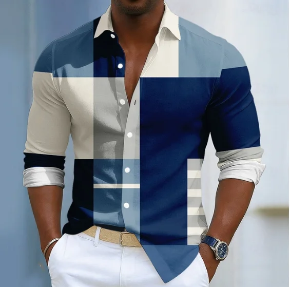 Men's Long Sleeved Shirt Men's Long Sleeved Button Up Shirt Contrasting Geometric Block Splicing Print Lapel Casual Version
