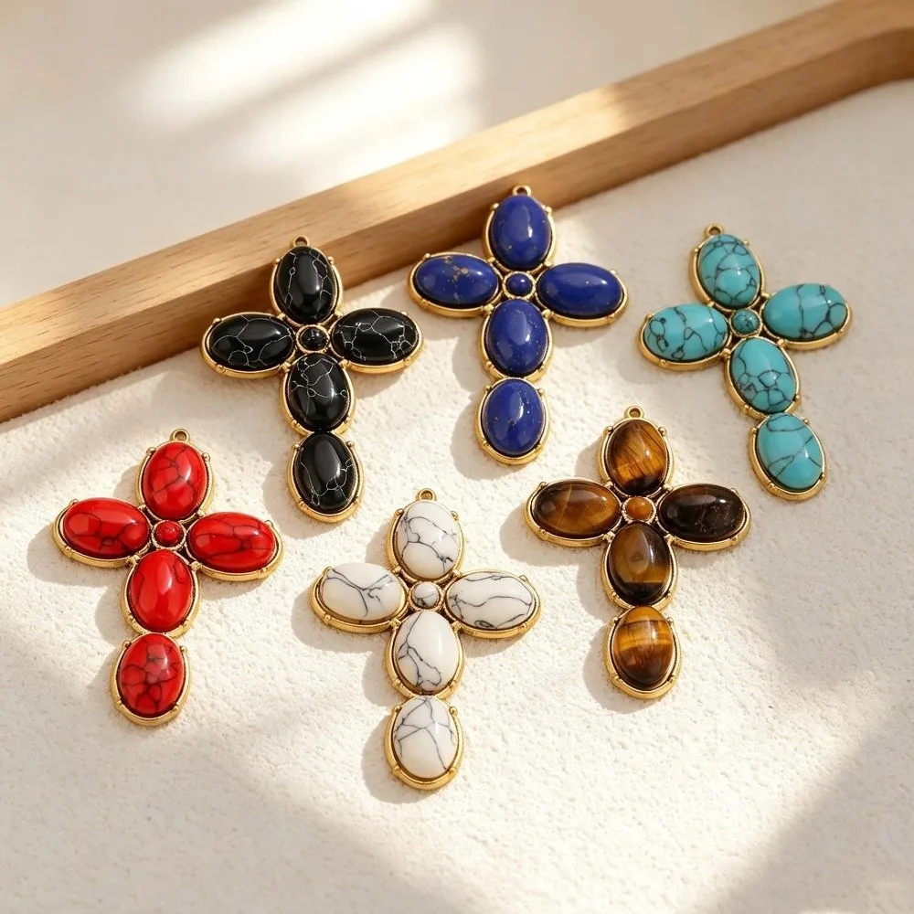 Oval Shape Gemstone Cross Pendant DIY Accessories Distressed Natural Stone Pendant Non-Tarnish Gold Plated Pendants