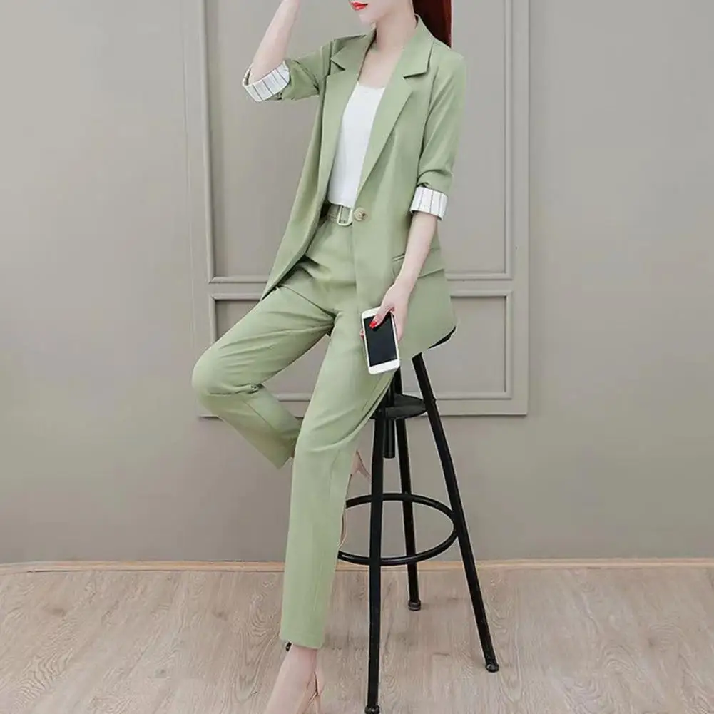 3 Pcs/Set Formal Women Business Outfit  Elastic Waist Loose Blazer Suit Pants Vest Set  Turn-down Collar Lady Business Outfit