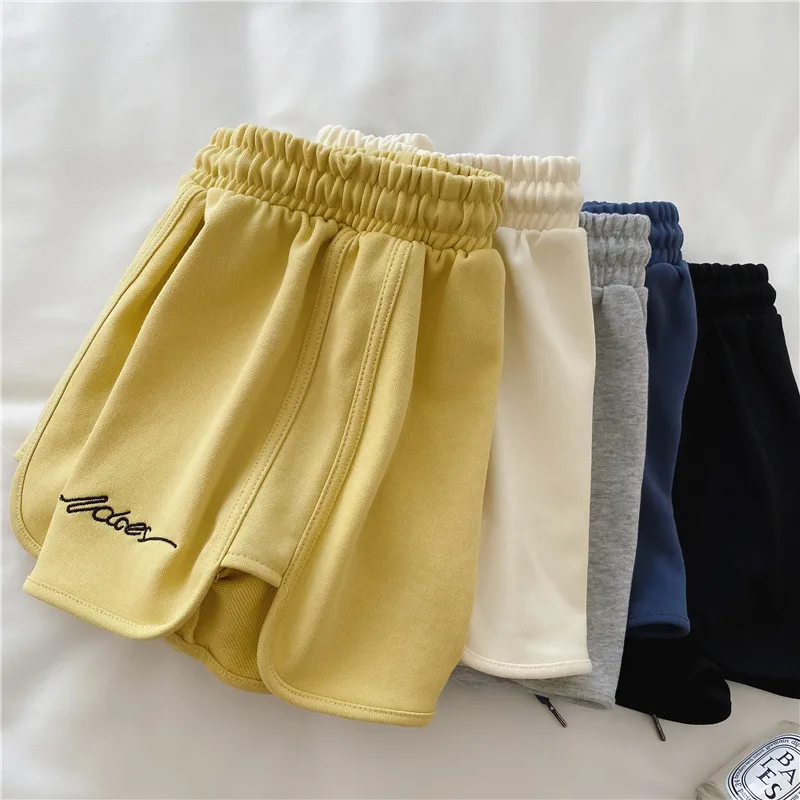 Women's Casual Sweat Shorts Elastic Waist Embroidery Letter Loose Sport Shorts Summer Solid Color Homewear Short Pants