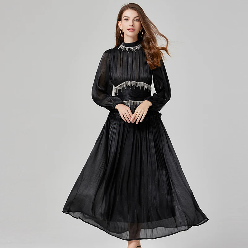 French Luxury Crystal Beads Tassel Shine Robes Holiday Women Stand Lantern Sleeve Ruffles Pleated Formal Occasion Prom Dress 622