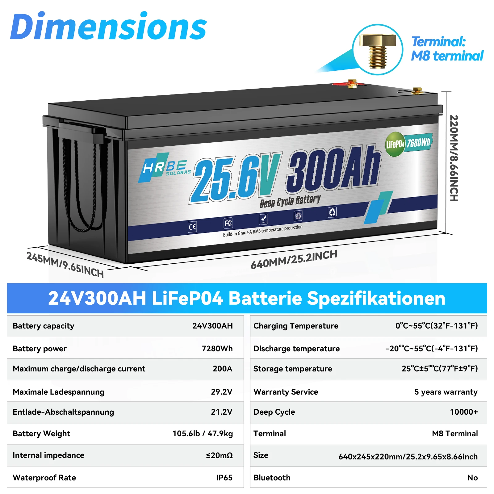 HRBE 24V 300Ah LiFePO4 Battery With BMS 200A 8000+Deep Cycles For Marine RV Solar Off-Grid Camper RV Home Energy Solar Trolling Motor 24V Lithium Battery