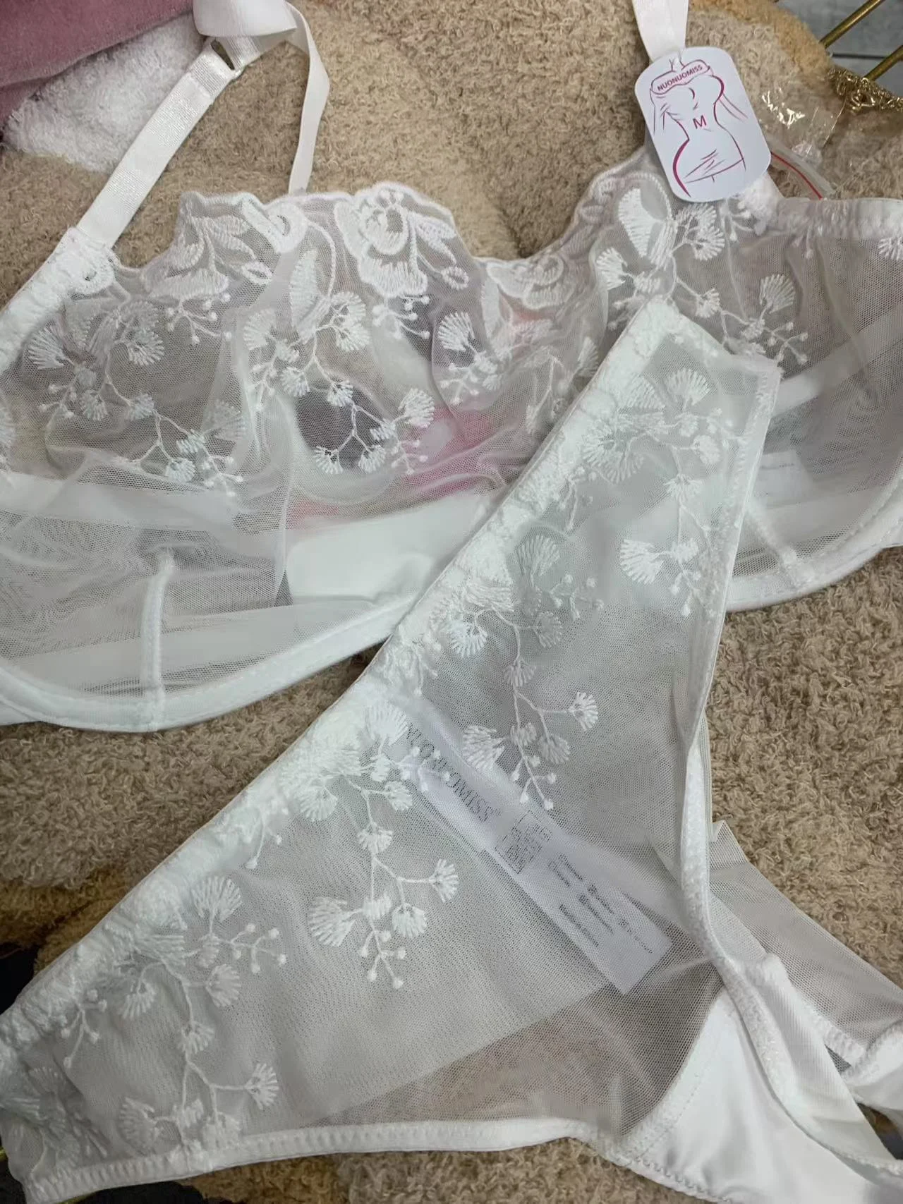 Sexy Chain Lace Ultra-Thin Underwear No-Pad Large Cup Push-Up Bra Set D Cup Plus Size Lingerie for Women