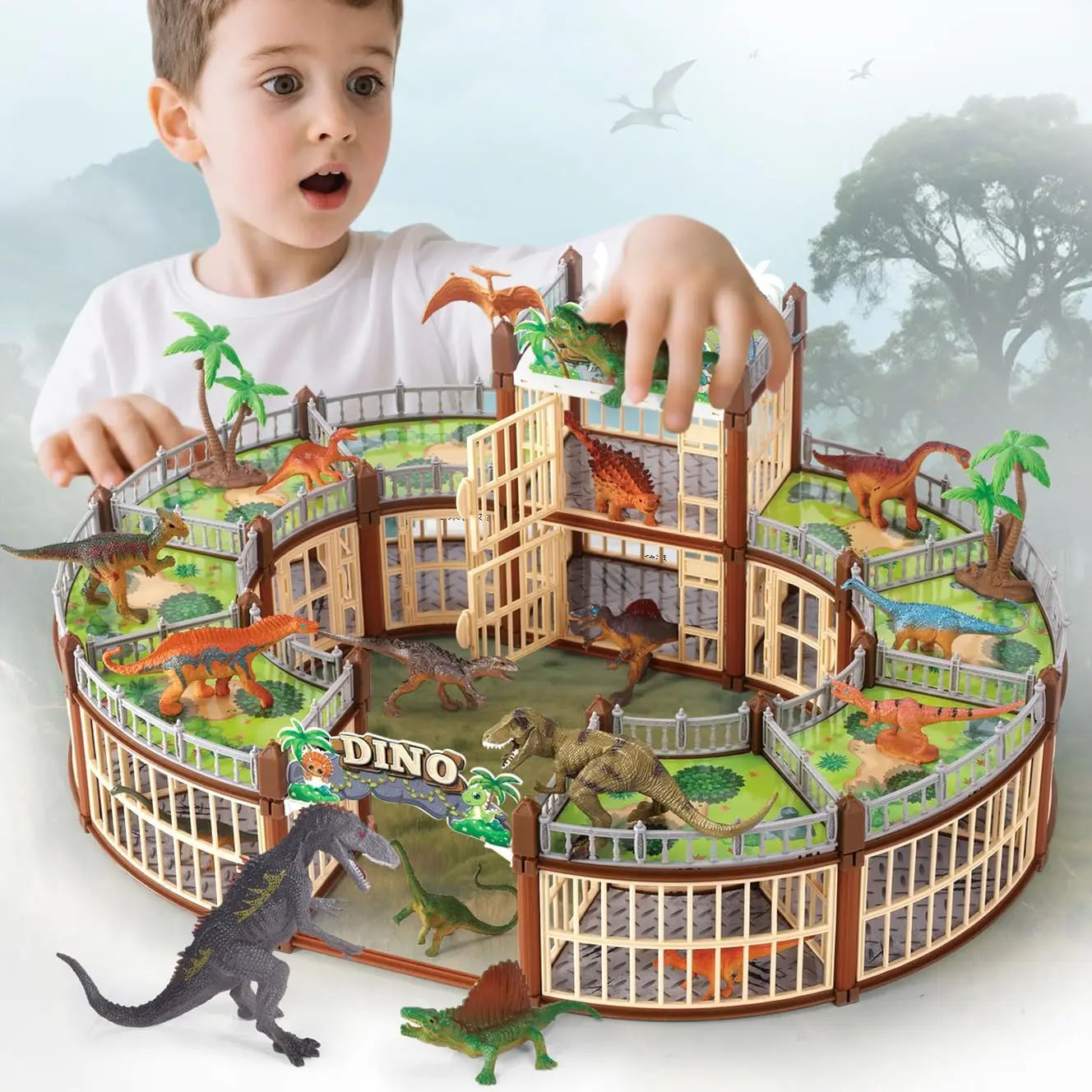 Dinosaur Playground Toy Set with Realistic Dino Build Your Own Dinosaur Park with Openable Cage & Battle Station for Boys Girls