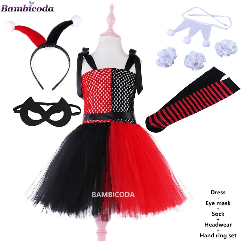 Girls Clown Joker Costume Kids Cruella De Vil Halloween Villain Fantasy Cosplay Dot Fancy Dress Birthday Children Tutu Dress