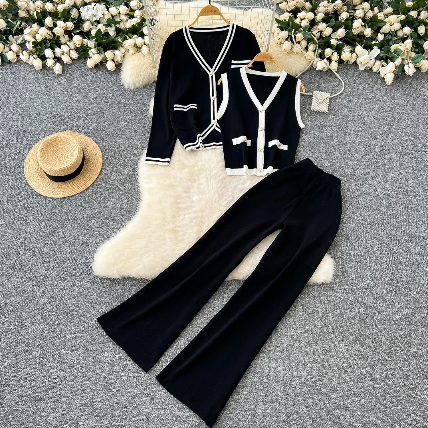 Chic Three-piece Sets Sweet V-neck Patchwork Vest Long Sleeve Knit Coat Basics Wide Leg Pants High Street Women Winter Clothing