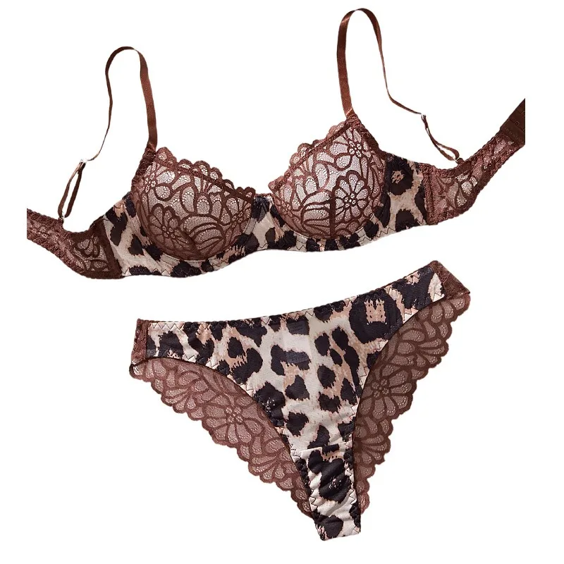 2 Piece Erotic Western Style Lace Leopard Print Patchwork Featuring Sensual Sexy Womens Alluring Bra Premium Sexy Lingerie Set