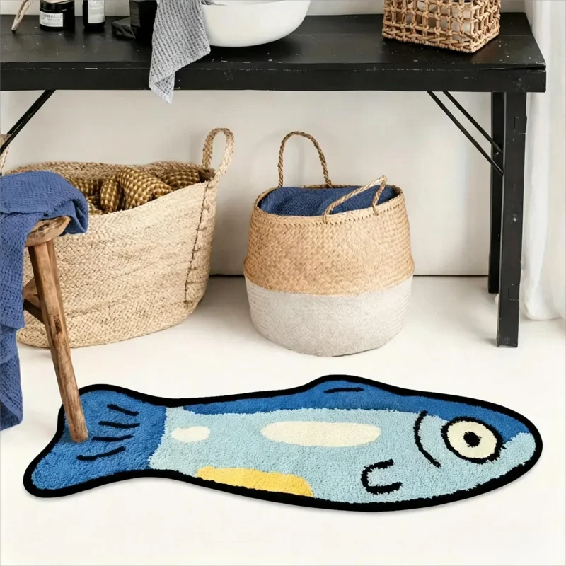 VIKAMA Pastel Two-Tone Blue Cartoon Fish Tufted Plush Runner Carpet Quick Dry Anti Slip Washable Summer Coastal Entrance Mat